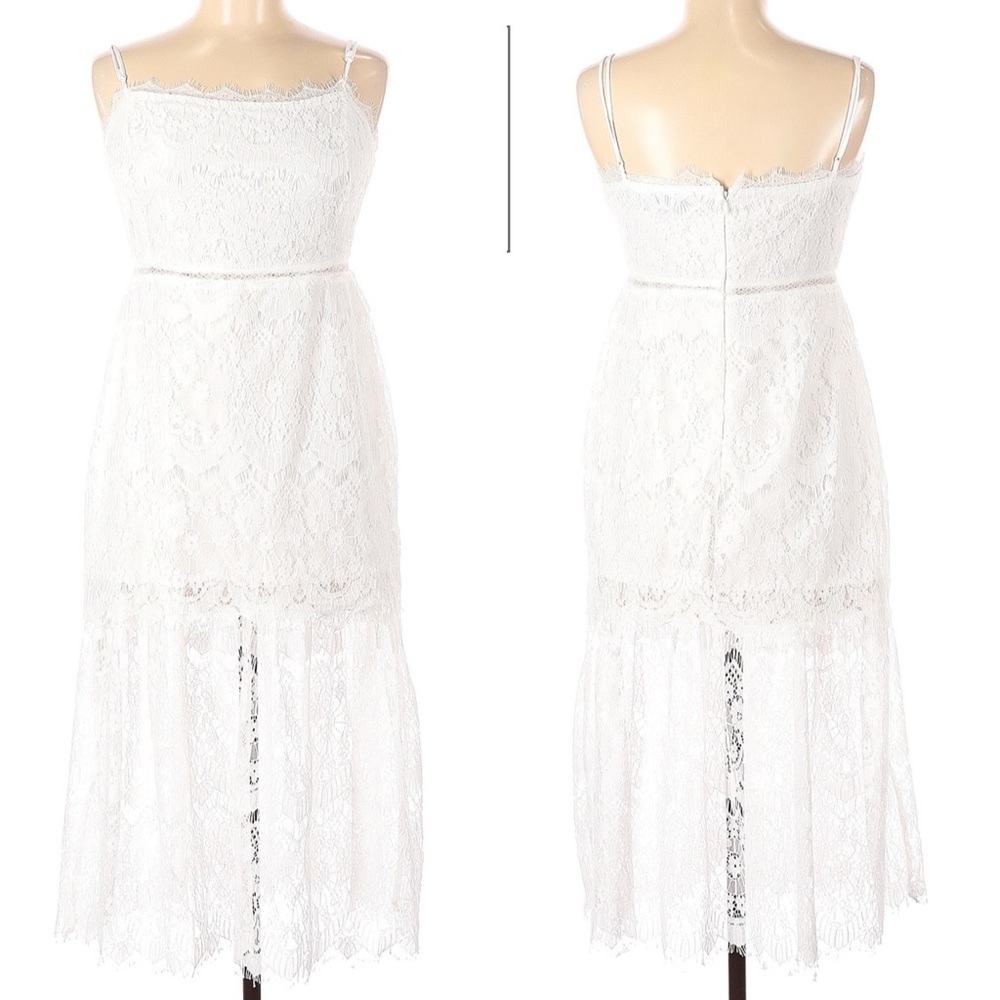 Lulu’s- white lace, tiered, fitted midi dress